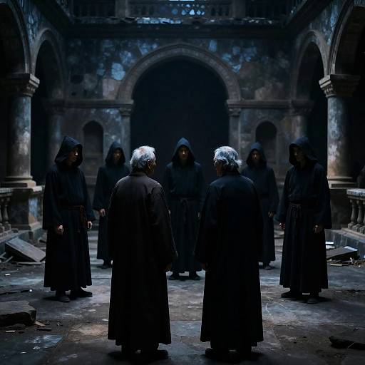 Mysterious Encounter in a Ruined Courtyard