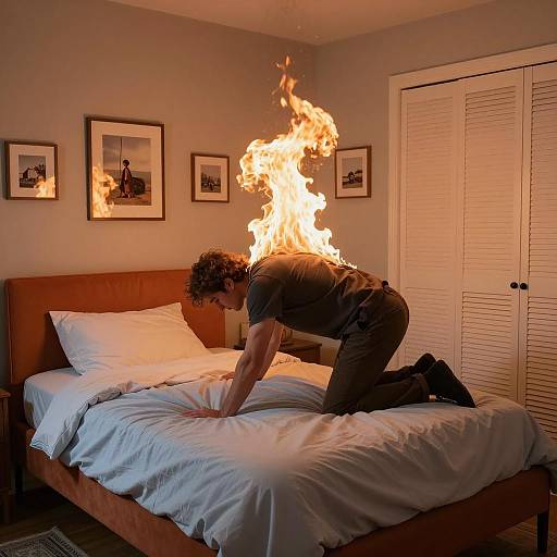 Man with Flames on Back in Bedroom