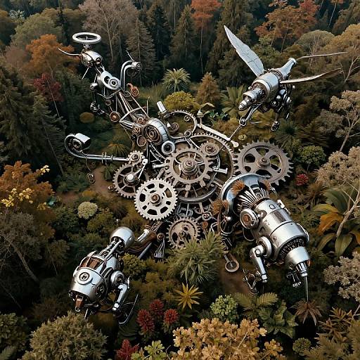 Aerial photograph of a futuristic, metallic, gear-driven flying machine hovering above a dense, colorful autumn forest. The machine's intricate design contrasts with the