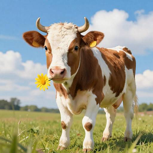 Curious Calf with Daisy in Field