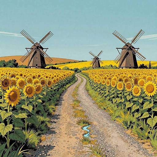 Colorful digital illustration of a sunlit countryside path lined with vibrant yellow sunflowers, leading to three traditional windmills under a clear blue sky.