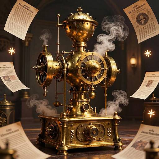 Photograph of a golden, steam-puffing scientific apparatus with circular dials and intricate designs, surrounded by floating, glowing papers in a dimly