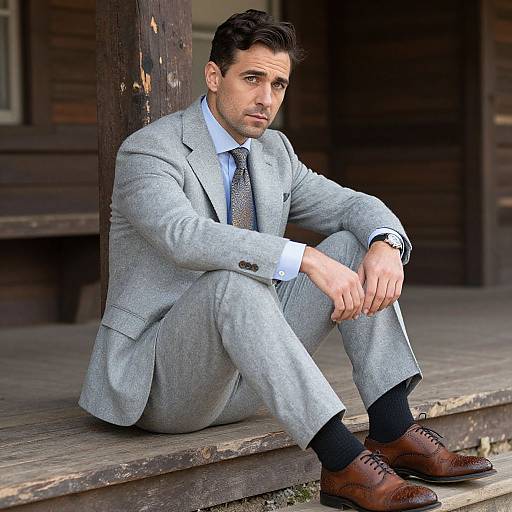 Photograph of a handsome, dark-haired man in a light gray suit, blue shirt, patterned tie, black socks, brown shoes, sitting on