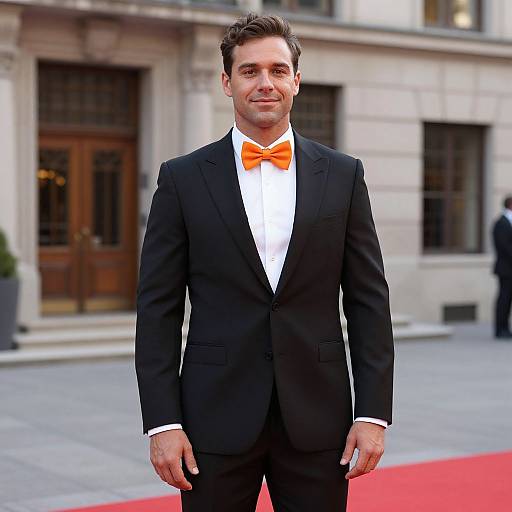Photograph of a handsome man with short brown hair, wearing a black tuxedo, white shirt, and orange bow tie, standing on a red