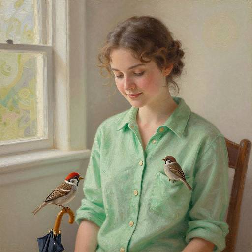 Photograph of a young woman with curly brown hair, wearing a light green button-up shirt, sitting near a window, with two birds perched on