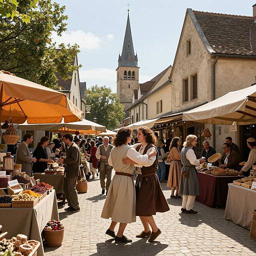 Photograph of a bustling outdoor market with people in period clothing, orange awnings, fruit stalls, and a church steeple in the background.