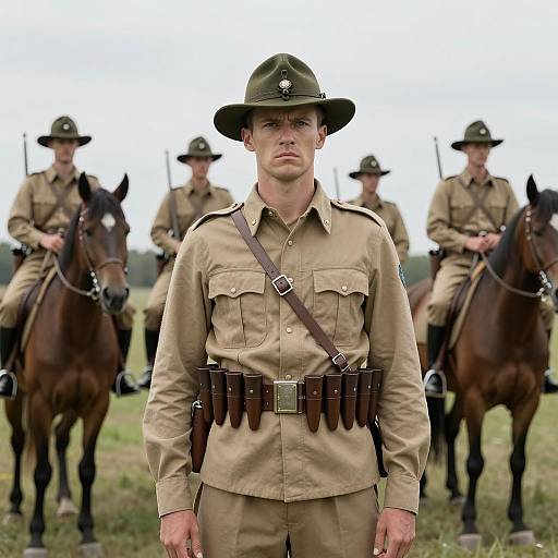 Soldiers in Grassy Field Under Overcast Sky