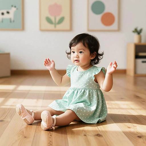 Photograph of an Asian baby girl with dark curly hair, wearing a light blue polka dot dress, sitting on wooden floor in sunlit room,
