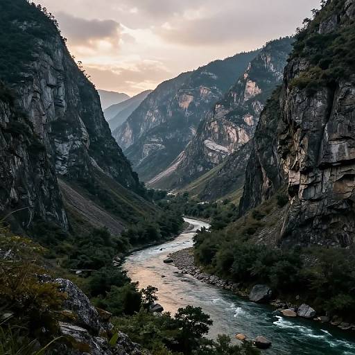 Photograph of a dramatic mountain valley with a winding river, steep cliffs, dense forest, and a cloudy sunset sky.