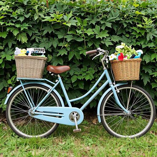 Vintage Blue Bicycle with Baskets in Garden