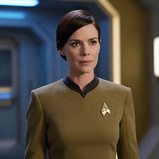 Photograph of a serious-faced woman with short, dark brown hair, wearing a brown Starfleet uniform with a Vulcan emblem, standing in a blue-l