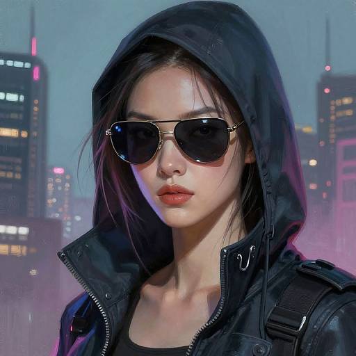 Digital artwork of an Asian woman with fair skin, black hooded jacket, sunglasses, and red lipstick, against a neon cityscape background.