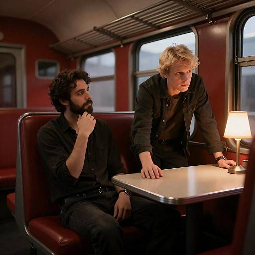 Two Men in Red Train Compartment