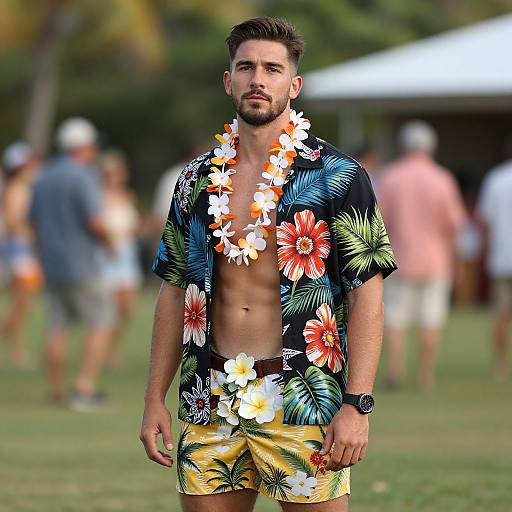 Photograph of a bearded man with short dark hair, wearing a floral Hawaiian shirt, yellow shorts, and a flower lei, standing outdoors in a