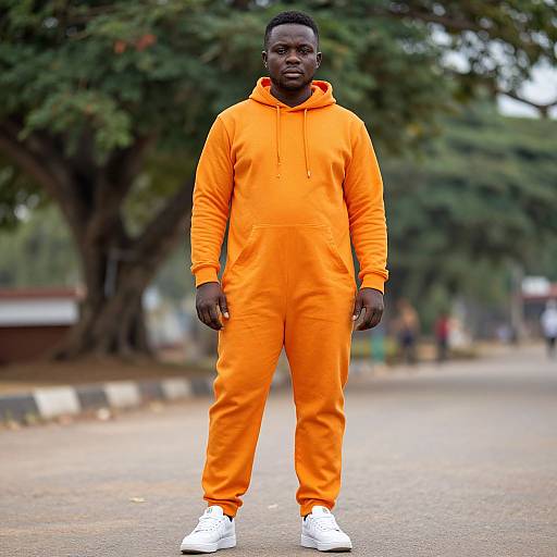 Photograph of a tall, dark-skinned man in bright orange hoodie and pants, standing on a tree-lined street, wearing white sneakers.