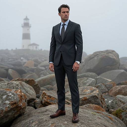 Photograph of a tall, handsome man in a black suit and tie standing on rocky terrain, foggy background with a lighthouse.