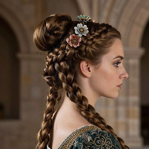 Photograph of a fair-skinned woman with intricate braided updo, adorned with flowers, in profile, wearing a detailed green patterned dress,