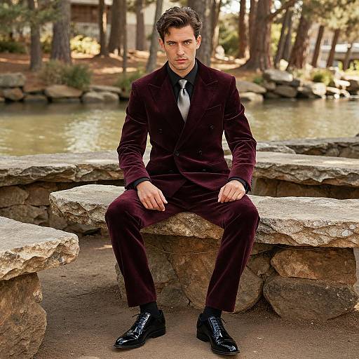 Photograph of a handsome man with short brown hair, sitting on a stone bench in a forest, wearing a dark purple velvet suit, black tie,