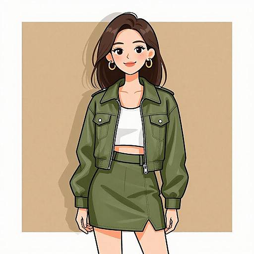 Digital anime-style drawing of a smiling woman with brown hair, wearing a green military-style jacket, white crop top, and matching green skirt, against a