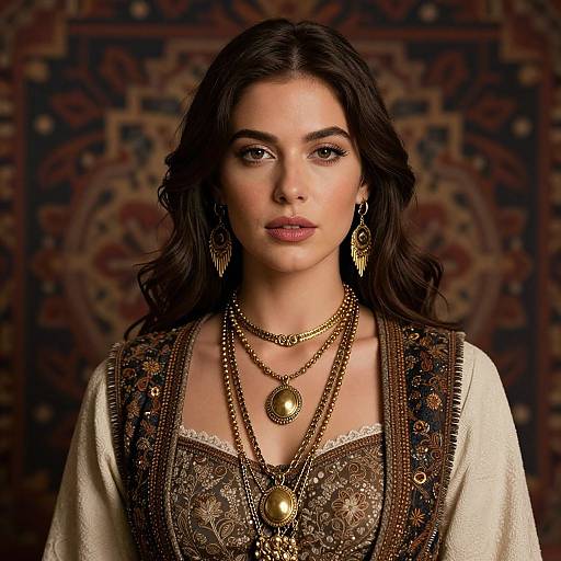 Photograph of a young woman with long dark hair, wearing ornate gold jewelry and embroidered brown vest over white blouse, against a richly patterned