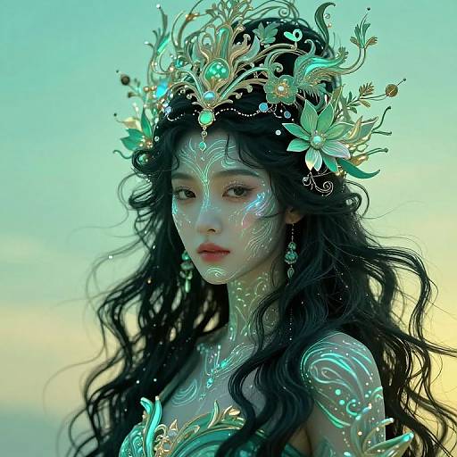 Digital art of a mystical woman with glowing, intricate teal and gold patterns on her face and wavy black hair, adorned with an ornate floral crown