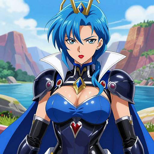 Digital anime-style artwork of a blue-haired, blue-eyed queen with large breasts, wearing black armor, a white collar, and a gold crown, standing
