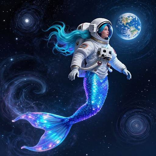 Digital artwork of a mermaid in a white astronaut suit with blue, sequined tail, floating in space near Earth. Her long, wavy blue