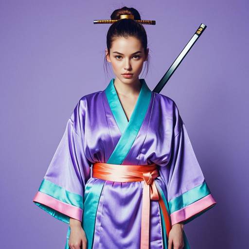 Young Woman in Lavender Silk Kimono with Katana