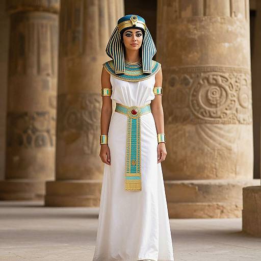 Photorealistic CGI of an Egyptian woman in a white dress with blue and gold accents, striped headdress, and gold armlets, standing in a