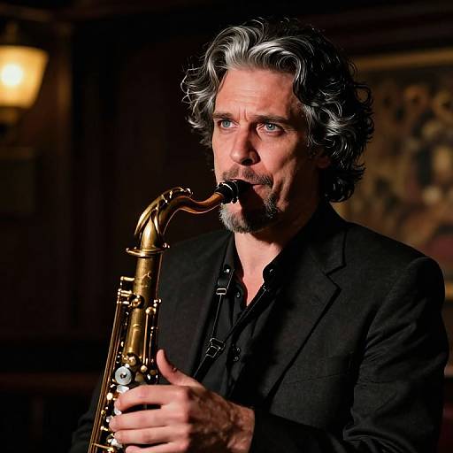 Photograph of a middle-aged man with grey wavy hair and beard, wearing a black suit, playing a golden saxophone in a dimly lit