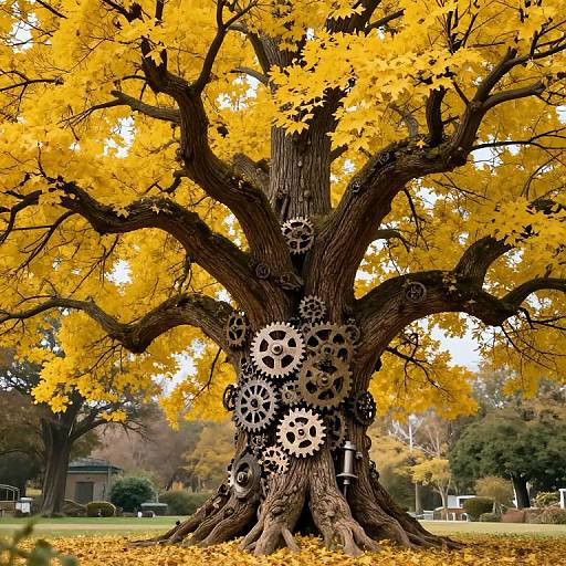 Photograph of a large tree with bright yellow autumn leaves, featuring large black and white gears embedded in its trunk, set in a suburban park with green