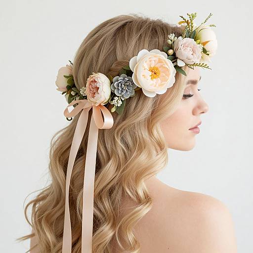 Photograph of a blonde woman with wavy hair, wearing a floral crown with pink, white, and blue flowers, and a pink ribbon, against