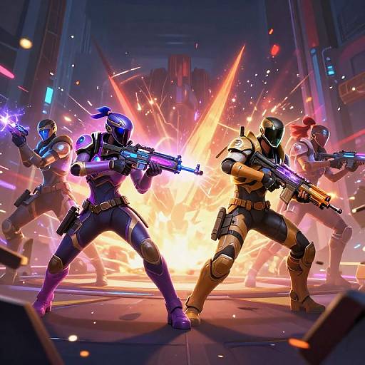 Digital artwork of four futuristic, armored soldiers with glowing guns, crouched in front of a bright, explosive backdrop in a neon-lit urban setting