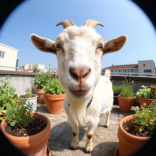 Photograph of a white goat with brown horns standing on a sunlit rooftop garden, surrounded by terracotta pots filled with plants, under a clear