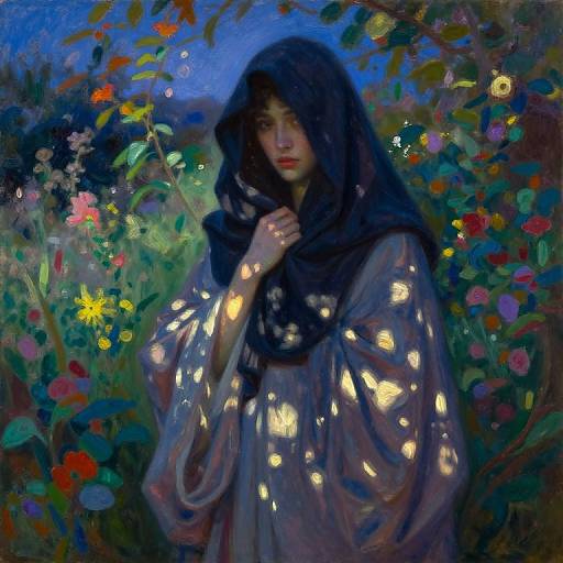 Digital painting of a mysterious woman with dark hair, illuminated by glowing fireflies, standing in a vibrant, colorful garden at twilight.