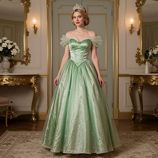 Photograph of a blonde woman in an off-shoulder, light green, strapless ball gown with a tiara, standing in an ornate
