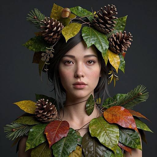 Photograph of a young woman with pale skin and dark hair, wearing a pine cone and leaf crown, surrounded by autumn leaves, against a dark background