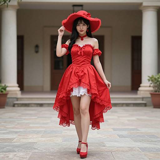 Photograph of an Asian woman in a vibrant red Victorian-style dress, off-shoulder sleeves, matching hat, red heels, standing on a stone