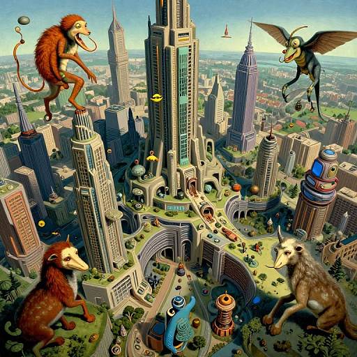 Whimsical digital illustration: fantastical cityscape with towering skyscrapers, three flying, monkey-like creatures with exaggerated features, and a small,