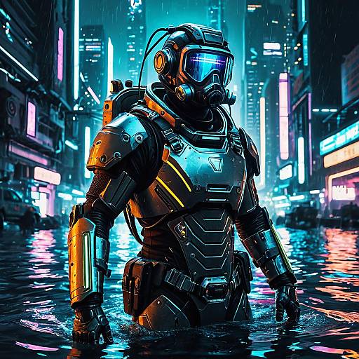 Futuristic Deep-Sea Salvage Diver in Cyberpunk City