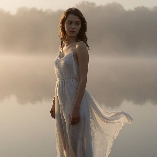Photograph of a solemn young woman with wet brown hair wearing a flowing, sheer white dress, standing by a misty lake at sunrise.