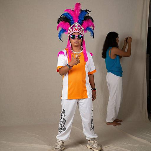 Photograph of a young boy in vibrant costume: orange and white shirt, white pants with black patterns, pink and blue feathered headdress, standing