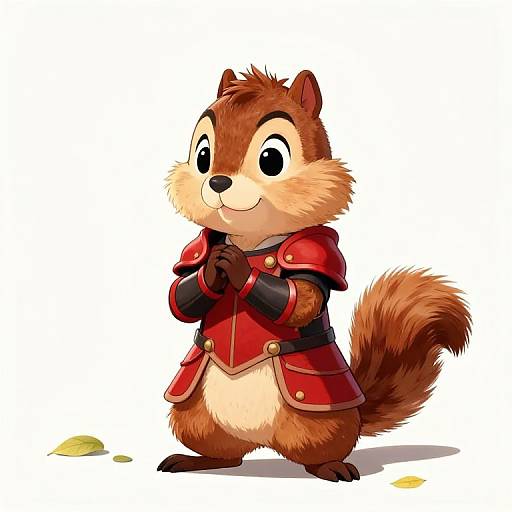 Cute, cartoon squirrel in red, medieval-style armor with black gloves, standing on two legs, smiling, against white background. Digital art.