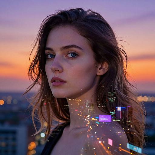 Photograph of a beautiful young woman with fair skin, blue eyes, and wavy brown hair, against a sunset sky, with digital city lights overlay