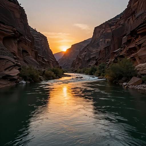 Photograph of a stunning canyon sunset, with the sun setting between towering, rocky cliffs, casting a vibrant orange glow on the river below.