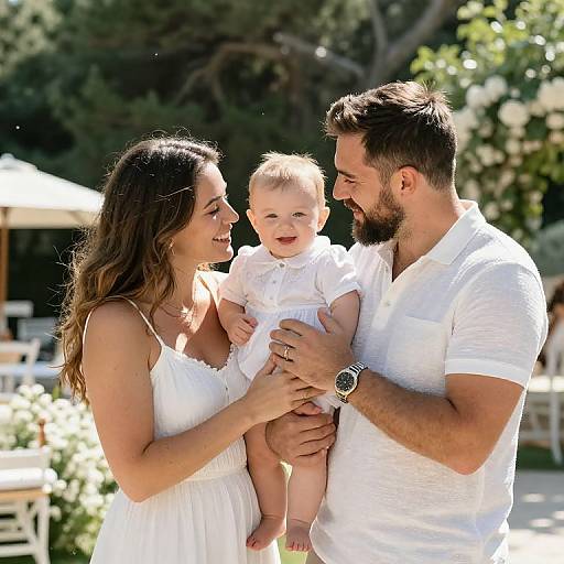 Photograph of a smiling bearded father in a white polo, holding a baby, with a laughing mother in a white sundress. Sunlit garden