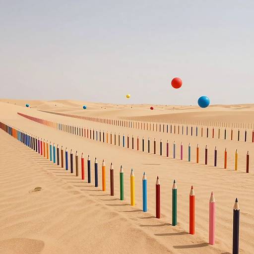 Digital artwork: Colorful pencils in a diagonal line across sandy dunes, with floating red and blue balls under a clear sky.