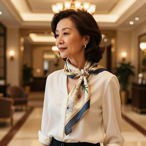 Elegant mature woman with silk scarf in hotel lobby