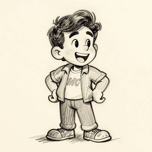 Cartoon-style black and white sketch of a smiling boy with dark, curly hair, wearing a jacket, shirt, pants, and shoes, standing confidently