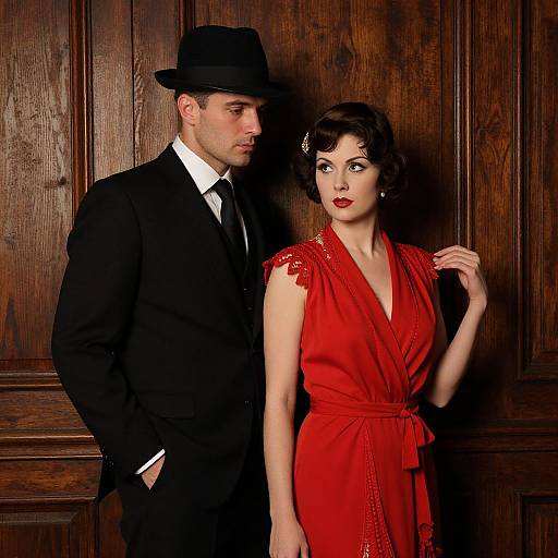 Vintage photograph of a handsome man in a black suit and hat standing beside a beautiful woman in a red dress with a deep V-neck, against a wooden